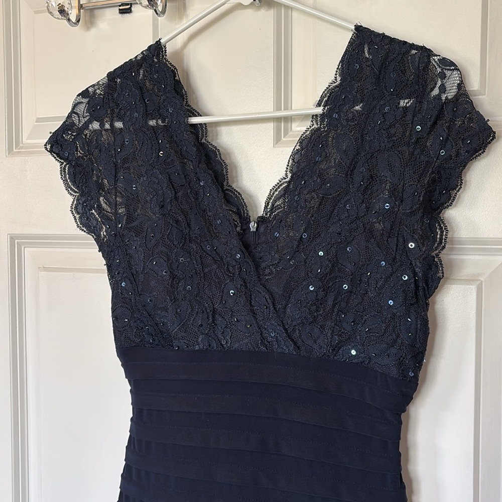 BETSY & ADAM: Navy Beaded and Sequin Lace Dress